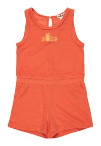 Pomarańczowy bawełniany kombinezon z okrągłym dekoltem, bez rękawów i elastycznym pasem. Charakteryzuje się żółtym logo ananasa na klatce piersiowej.