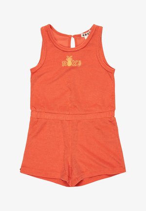 Orange cotton romper with a round neckline, sleeveless design, and elastic waistband. Features a yellow pineapple logo on the chest.