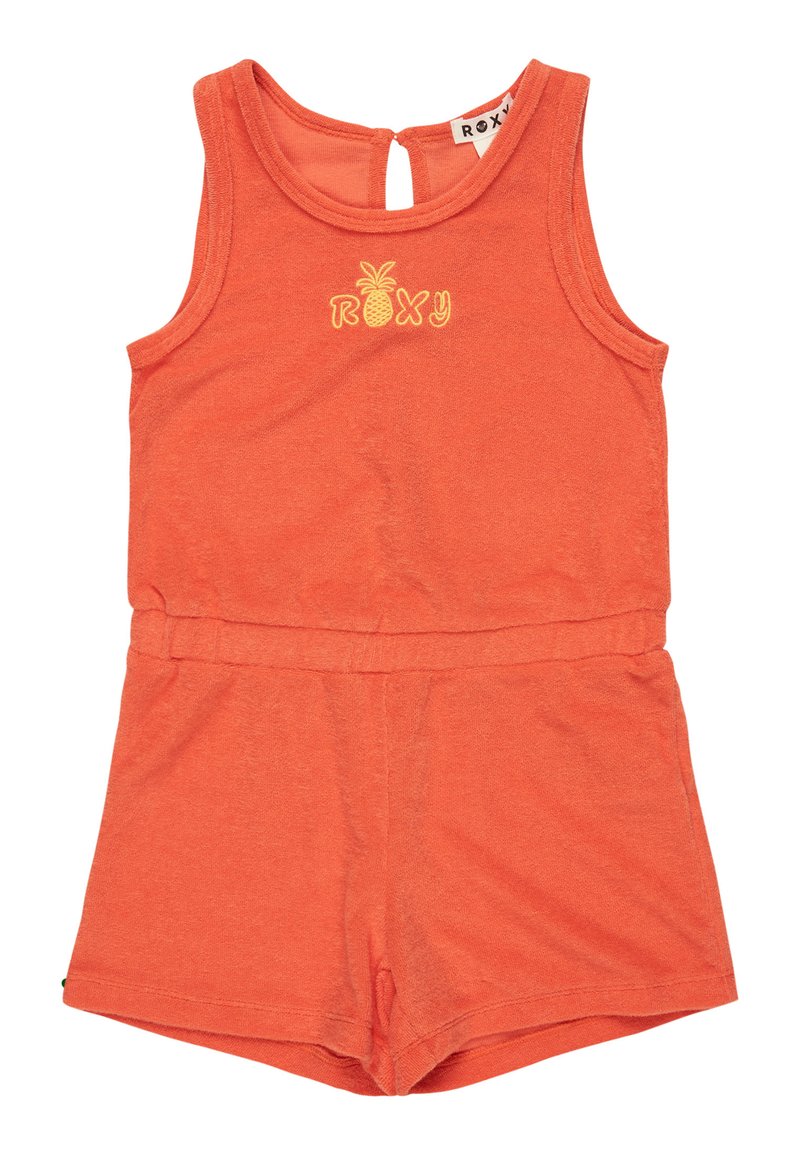 Pomarańczowy bawełniany kombinezon z okrągłym dekoltem, bez rękawów i elastycznym pasem. Charakteryzuje się żółtym logo ananasa na klatce piersiowej.