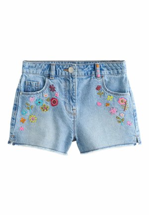 Light blue denim shorts with colorful embroidered flowers on front pockets, frayed hems, and belt loops.