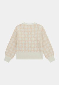 Maglione a maglia chiara con un motivo floreale ripetuto in pesca. Maniche lunghe con polsini e orlo a coste, collo a giro.