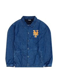 Džínová bunda v tmavě modré barvě s předním zapínáním na knoflíky, límcem, dvěma bočními kapsami a vyšitým oranžovým logem NY na levém prsu. Elastické manžety.