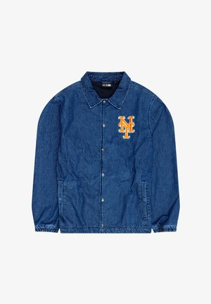 Denim jacket in dark blue with a button-up front, collar, two side pockets, and embroidered orange NY logo on the left chest. Elastic cuffs.