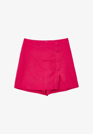 Gonna avvolgente rosa in lino con chiusura laterale a bottoni, dalla linea dritta e con uno spacco frontale per un tocco di design in più.