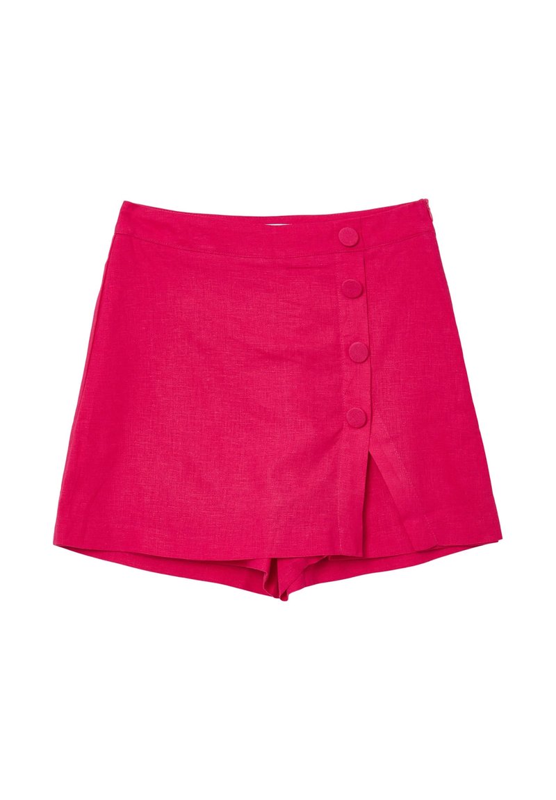 Gonna avvolgente rosa in lino con chiusura laterale a bottoni, dalla linea dritta e con uno spacco frontale per un tocco di design in più.