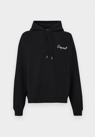 Sweat à capuche noir en mélange de coton avec une coupe décontractée, cordon de serrage ajustable, poignets côtelés et un logo blanc brodé sur la poitrine.