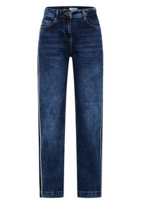 Donkerblauwe denim jeans met een rechte snit; voorzien van witte zijkanten. Klassiek vijf-pocket ontwerp met subtiele wassing details.