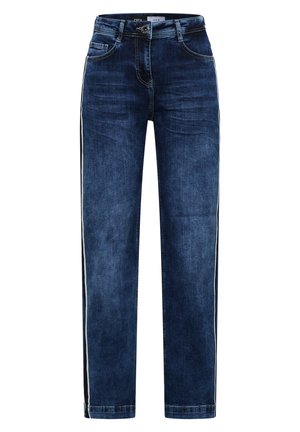 Jean en denim bleu foncé à coupe droite ; avec des bandes latérales blanches. Design classique à cinq poches avec des détails de froissement subtils.