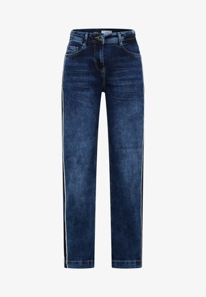 Mørkeblå denim jeans med lige snit; har hvide sidelister. Klassisk fem-lomme design med subtile whiskering detaljer.