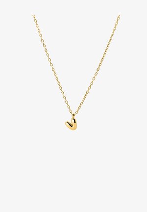 Collana a catena d'oro con un piccolo ciondolo a forma di cuore in oro, lucido e liscio, appeso al centro.