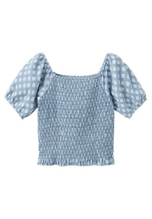 Top corto azzurro chiaro con smock, scollo quadrato e maniche corte a sbuffo con motivo floreale bianco.