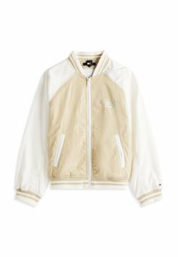 Chaqueta bomber beige y blanca con cremallera frontal, puños acanalados y detalle de logo. Fabricada con material ligero y con bolsillos laterales.