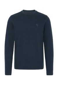 Maglione a maniche lunghe blu navy con un motivo a maglia testurizzata, scollo a girocollo e un piccolo logo in rilievo sul petto.
