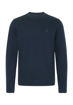 Marineblauer Langarmpullover mit strukturiertem Strickmuster, Rundhalsausschnitt und einem kleinen, geprägten Logo auf der Brust.