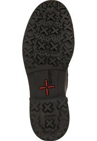 Suela de zapato de goma negra con un patrón de superficie que presenta formas de X en relieve. Incluye detalles de acento rojos y una marca etiquetada como "GEOX".