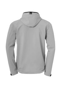 Gray softshell jacket with a hood, featuring long sleeves and a straight cut. Textured fabric with a smooth finish and adjustable cuffs.