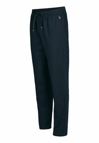 Tmavě modré kalhoty z bavlněné směsi, s elastickým pasem se šňůrkou, bočními kapsami a volným střihem nohavic.
