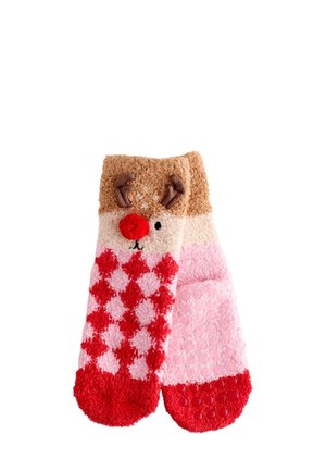 Plišane čarape s uzorkom soba s gornjim dijelom boje kože, crvenim nosom i smeđim rogovima. Tijelo ima naizmjenične ružičaste i crvene karo uzorke.