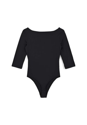 Body a maniche lunghe nero realizzato in tessuto morbido, con scollatura ampia e parte inferiore a perizoma. Design semplice senza motivi o dettagli.