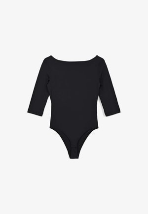 Body a maniche lunghe nero realizzato in tessuto morbido, con scollatura ampia e parte inferiore a perizoma. Design semplice senza motivi o dettagli.