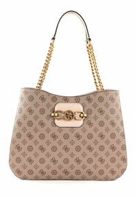 Sac fourre-tout en beige doux avec un motif de logo marron, texture lisse, anse en chaîne dorée et fermoir en métal doré avec un accent de logo.