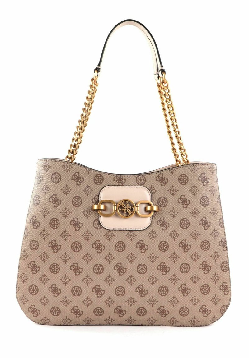 Sac fourre-tout en beige doux avec un motif de logo marron, texture lisse, anse en chaîne dorée et fermoir en métal doré avec un accent de logo.