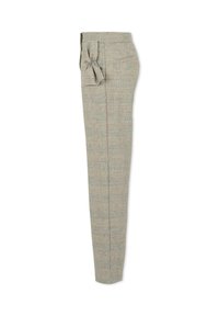 Pantalons en tissu à carreaux gris clair avec une texture lisse. Présentent un nœud sur le côté, une coupe slim et un design de poche traditionnel.