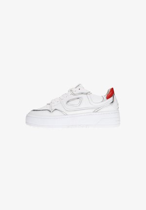 White sneaker with a silver trim, rounded toe, padded collar, and red accent on the heel. Features a flat sole and lace-up design.