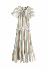 Next FLUTTER SLEEVE TIE NECK ELASTICATED WAIST TIERED MIDI - Vardagsklänning - off white and blue stripe