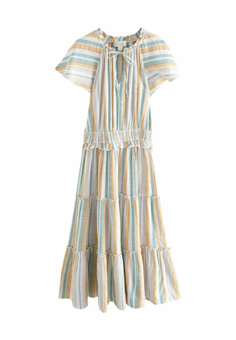 Next FLUTTER SLEEVE TIE NECK ELASTICATED WAIST TIERED MIDI - Vardagsklänning - off white and blue stripe