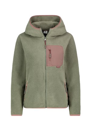 Fleece hooded jacket in olive green with a pink accent around the hood and zipper. Features a chest pocket and side pockets with zippers.