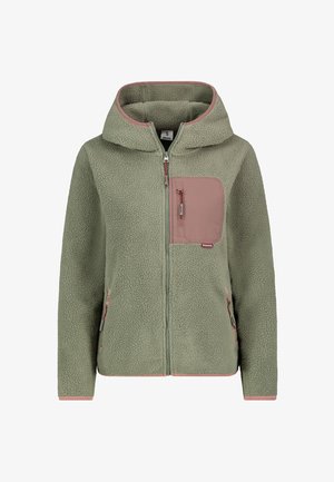 Fleece-Hoodie in Olivgrün mit einem pinkfarbenen Akzent rund um die Kapuze und den Reißverschluss. Verfügt über eine Brusttasche und seitliche Taschen mit Reißverschlüssen.