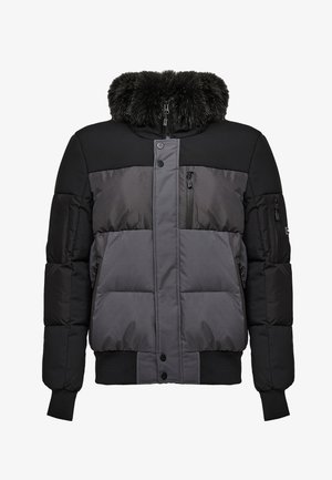 Casaco acolchoado em preto e cinza escuro, apresentando um colarinho de pele sintética, bolsos com fecho éclair e punhos e cós canelados para um ajuste confortável.