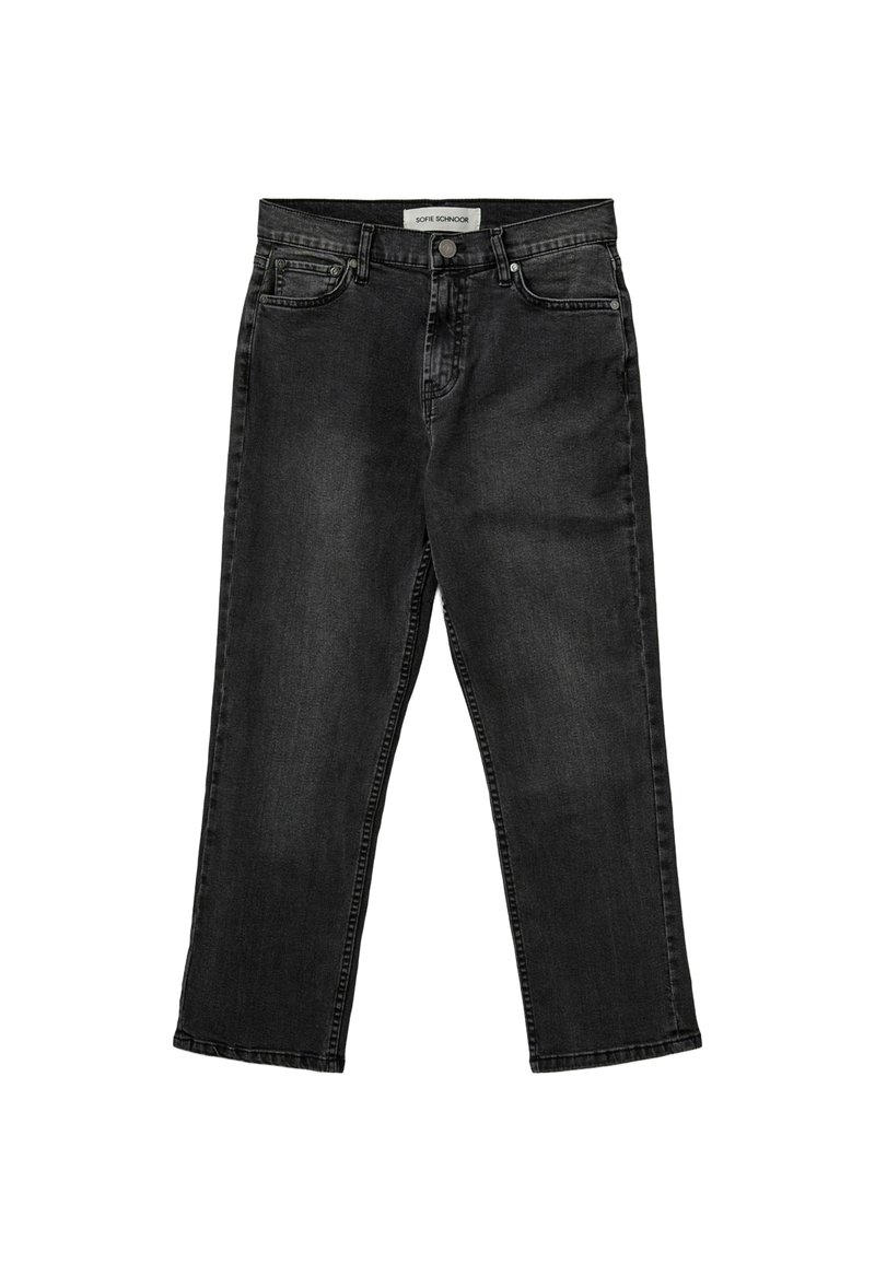 Jeans de mezclilla negra con un ajuste relajado, cinco bolsillos, cierre de botón de metal y un desvanecimiento sutil. Presenta un corte recto y dobladillos limpios.