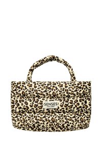 Padded tote bag featuring a tan background with brown leopard spots, dual handles, and a prominent logo patch on the front.