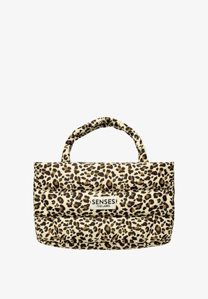 Padded tote bag featuring a tan background with brown leopard spots, dual handles, and a prominent logo patch on the front.