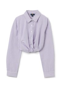 Camicia button-up di un delicato colore viola chiaro con strisce verticali bianche. Presenta un design con nodo nella parte anteriore e maniche lunghe con polsini.