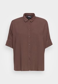 Bruine button-up shirt met een kraaghalslijn, korte mouwen en een relaxte pasvorm. Gemaakt van een gladde, lichtgewicht stof.