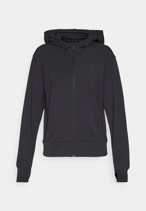 Zwarte zip-up hoodie van zachte stof, met een capuchon, lange mouwen en een subtiel logo op de linkerborst.