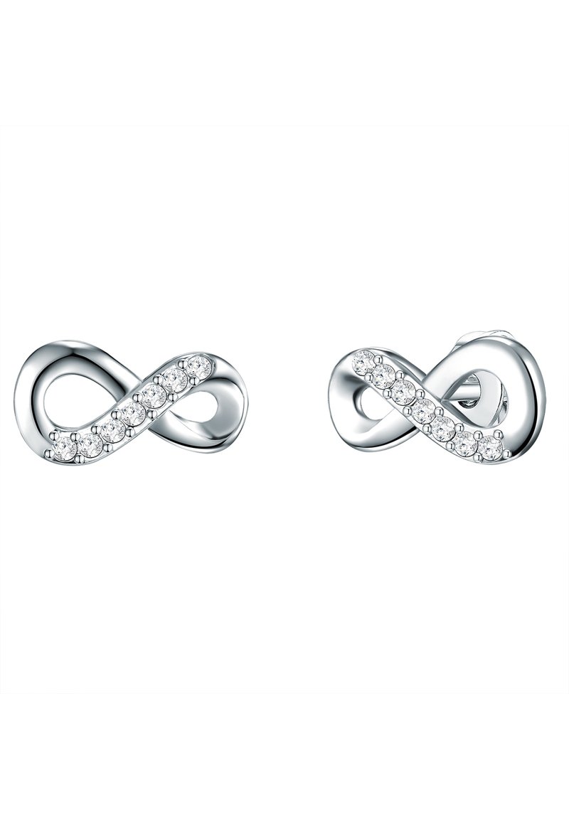 Silver infinity-formade örhängen med en slät design, prydda med kristallackcenter längs ena sidan för extra glans.