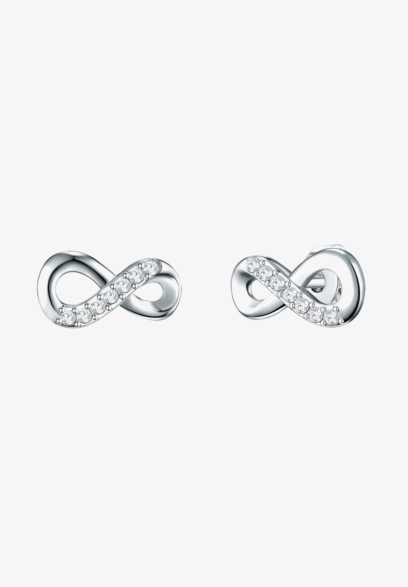 Silver infinity-formade örhängen med en slät design, prydda med kristallackcenter längs ena sidan för extra glans.