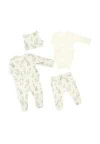 Zestaw ubranek dla niemowląt wykonany z kremowej tkaniny z czarnymi nadrukami zwierząt. Zawiera czapkę, body, piżamę i spodnie. Miękki materiał.