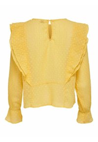 Gelbe Bluse mit einem strukturierten Pünktchenmuster, Rüschensäumen und einem Schlüssellochausschnitt. Weicher, leichter Stoff mit einem entspannten Schnitt.