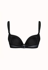 Reggiseno nero con ferretto e coppe sagomate, spalline regolabili e finitura liscia in satin. Dotato di chiusura a gancetti e occhielli e decorazione con logo.