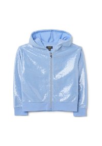 Hellblaue Zip-Hoodie mit glänzender Paillettenfront, aus weichem Stoff und mit einem Innenfutter in passender Farbe. Verfügt über eine Kapuze und elastische Bündchen.