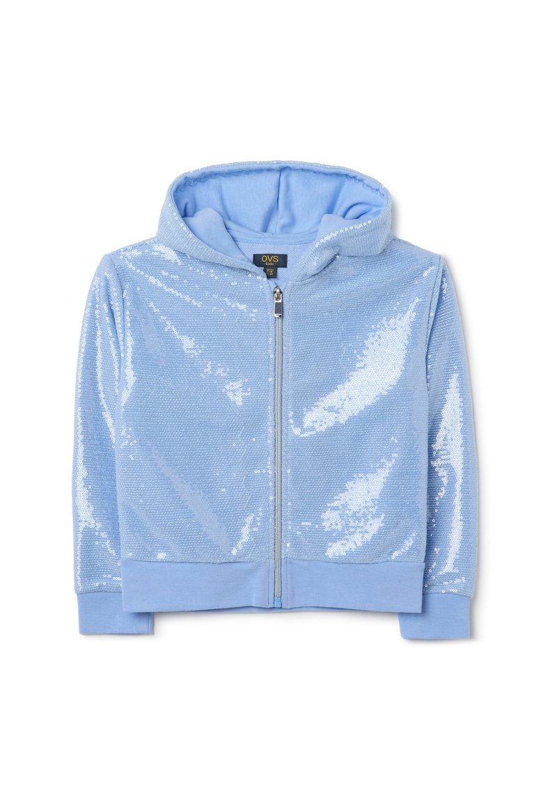 Hellblaue Zip-Hoodie mit glänzender Paillettenfront, aus weichem Stoff und mit einem Innenfutter in passender Farbe. Verfügt über eine Kapuze und elastische Bündchen.
