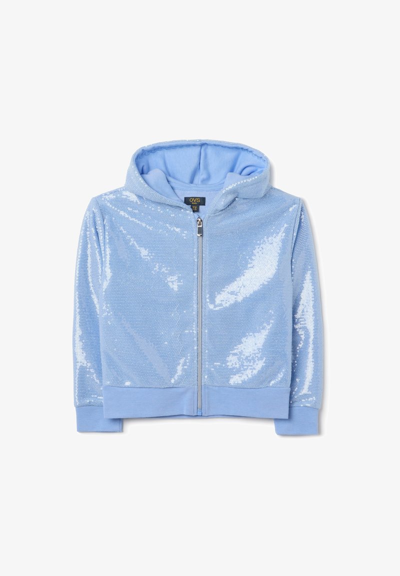 Sweat à capuche zippé bleu clair avec un devant en sequins brillants, en tissu doux et une doublure intérieure assortie. Il présente une capuche et des poignets élastiques.