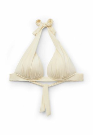 Cream-colored bikini top with a halter neck, triangle cups, and a tied back. Made of smooth fabric with gathered detailing at cups and ties.