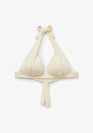 Soutien-gorge de bikini couleur crème avec un col halter, des bonnets triangulaires et un dos noué. Fabriqué en tissu lisse avec des détails froncés aux bonnets et aux nœuds.