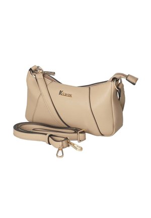 Bolso cruzado de cuero beige con textura suave, cierre de cremallera y herrajes en tono dorado. Cuenta con una correa ajustable y costuras a tono.